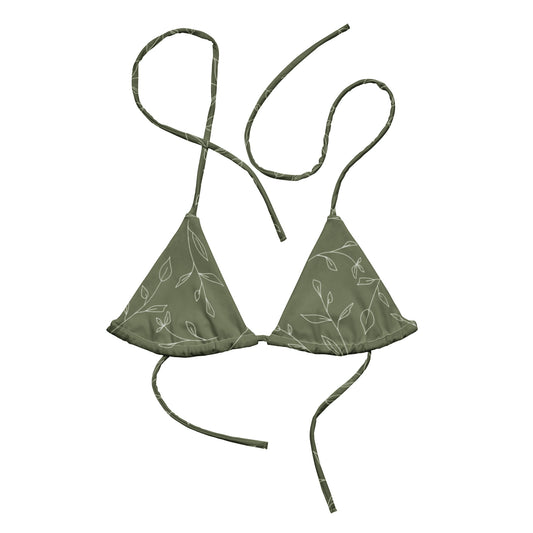 Close-up of the Olive & Ivory Bikini Top with a flattering square neckline, delicate adjustable ivory straps, and a secure clasp closure