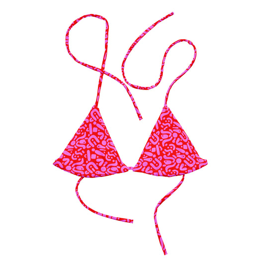 Sustainable Ruby Reef Bikini Set top in red and pink geometric pattern made with recycled plastic. Available in a range of sizes from 2XS to 6XL. Long lasting bikini, multiple ways to wear and buttery soft fabric. Made to order, just for you