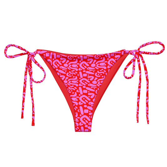 Sustainable Ruby Reef Bikini Set bottoms in red and pink geometric pattern made with recycled plastic. Available in a range of sizes from 2XS to 6XL. Long lasting bikini, multiple ways to wear and buttery soft fabric. Made to order, just for you