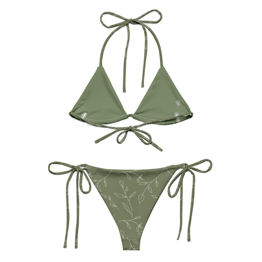 Close-up of the Olive & Ivory Bikini Top with a flattering square neckline, delicate adjustable ivory straps, and a secure clasp closure.